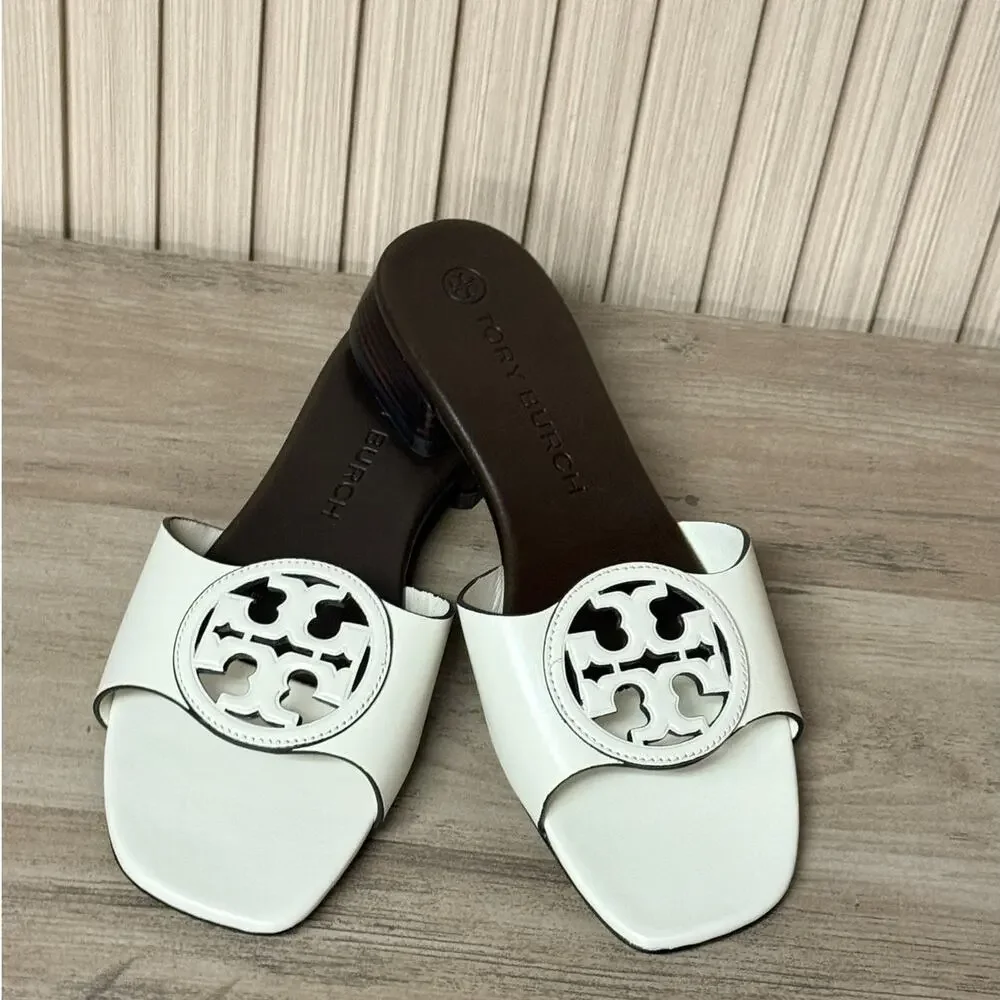 Tory Burch Women’s Bombé Miller Slide Calfskin Leather White 25mm Size 6M